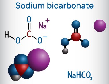 Sodium bicarbonate molecule, known as baking soda. Structural chemical formula and molecule model. clipart