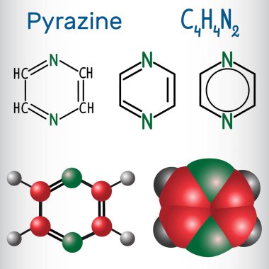Pirrazin molekülü, heterosiklik aromatik organik bileşiktir. Yapısal kimyasal formül ve molekül modeli