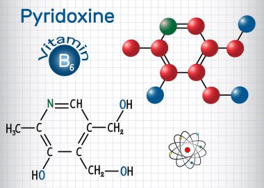 Piridoksin molekülü, B3 vitaminidir. Kafesteki kağıt parçası. Yapısal kimyasal formül ve molekül modeli