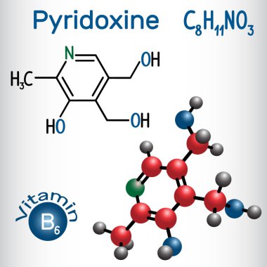 Piridoksin molekülü, B3 vitaminidir. Yapısal kimyasal formül ve molekül modeli