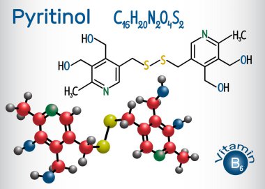 Pyritinol molekülü, B6 vitaminidir. Yapısal kimyasal formül ve molekül modeli.