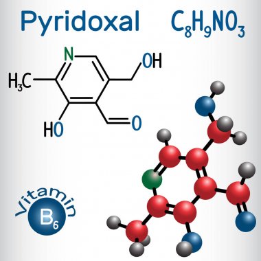 Piridoksal molekül, B6 vitaminidir. Yapısal kimyasal formül ve molekül modeli.