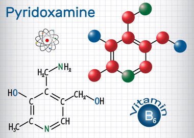 Pirioklamin molekülü, B6 vitaminidir. Yapısal kimyasal formül ve molekül modeli. Kafesteki kağıt levha