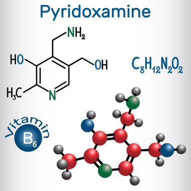 Pirioklamin molekülü, B6 vitaminidir. Yapısal kimyasal formül ve molekül modeli