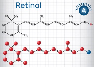 Retinol, A vitamini, gıda ve bir besin takviyesi olarak kullanılır. Yapısal kimyasal formül ve molekül modeli. Kafesteki kağıt levha. 