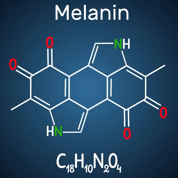 Молекула меланина. Структурная химическая формула и молекулярная модель на темно-синем фоне — стоковый вектор