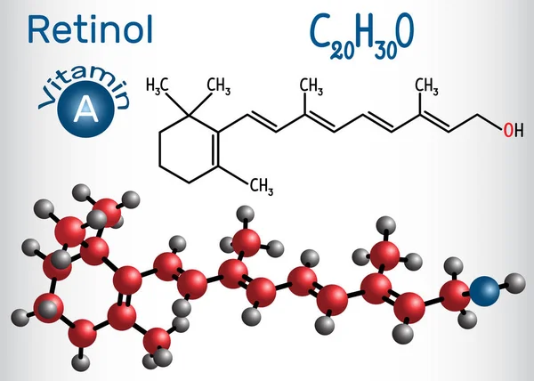 Retinol, A vitamini, gıda ve bir besin takviyesi olarak kullanılır. Yapısal kimyasal formül ve molekül modeli.