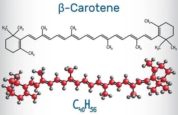 Beta Karoten, provitamin A, bitki ve meyvelerde organik kırmızı-turuncu pigmenttir. Yapısal kimyasal formül ve molekül modeli