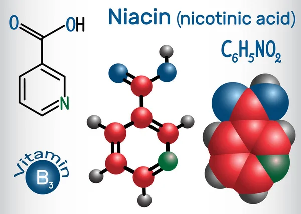 โมเลกุลกรดนิโคตินิก Niacin เป็นวิตามิน B3 ที่พบในอาหารที่ใช้เป็นอาหารเสริม สูตรเคมีโครงสร้างและโมเลกุล — ภาพเวกเตอร์สต็อก