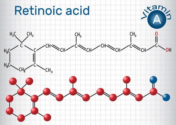 El ácido retinoico es un metabolito de la vitamina A retinol. Fórmula química estructural y modelo molecular. Hoja de papel en una jaula . — Vector de stock