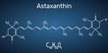 Astaksantin bir keto-karotenoiddir. Koyu mavi arka plan daki kimyasal terpenler sınıfına ve molekül modeline aittir.