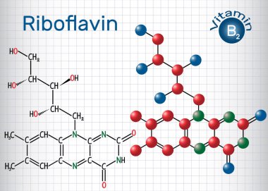 Riboflavin, B2 vitamini , gıda bulunur ve bir besin takviyesi olarak kullanılır. Yapısal kimyasal formül ve molekül modeli. Kafesteki kağıt levha