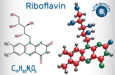 Riboflavin, B2 vitamini , gıda bulunur ve bir besin takviyesi olarak kullanılır. Yapısal kimyasal formül ve molekül modeli