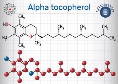 Alfa tokoferol E vitamini molekülü. Yapısal kimyasal formül ve molekül modeli. Kafesteki kağıt levha