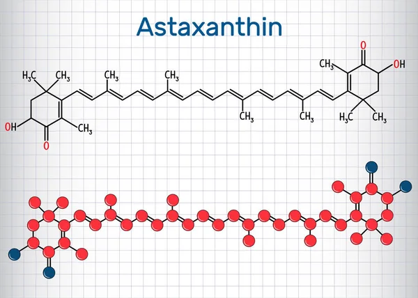 Astaksantin bir keto-karotenoiddir. Kimyasal terpensınıfına ait. Yapısal kimyasal formül ve molekül modeli. Kafesteki kağıt levha. 