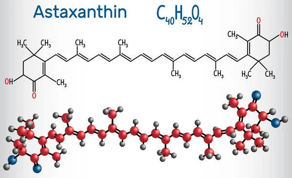 Astaksantin bir keto-karotenoiddir. Kimyasal terpenlerin sınıfına ait Yapısal kimyasal formül ve molekül modeli.