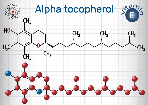 Alfa tocoferol molécula de vitamina E. Fórmula química estrutural e modelo de molécula. Folha de papel em uma jaula —  Vetores de Stock