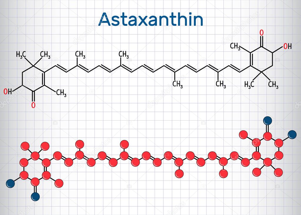 Astaxanthin is a keto-carotenoid. It belongs to class of chemical terpenes. Structural chemical formula and molecule model. Sheet of paper in a cage. 