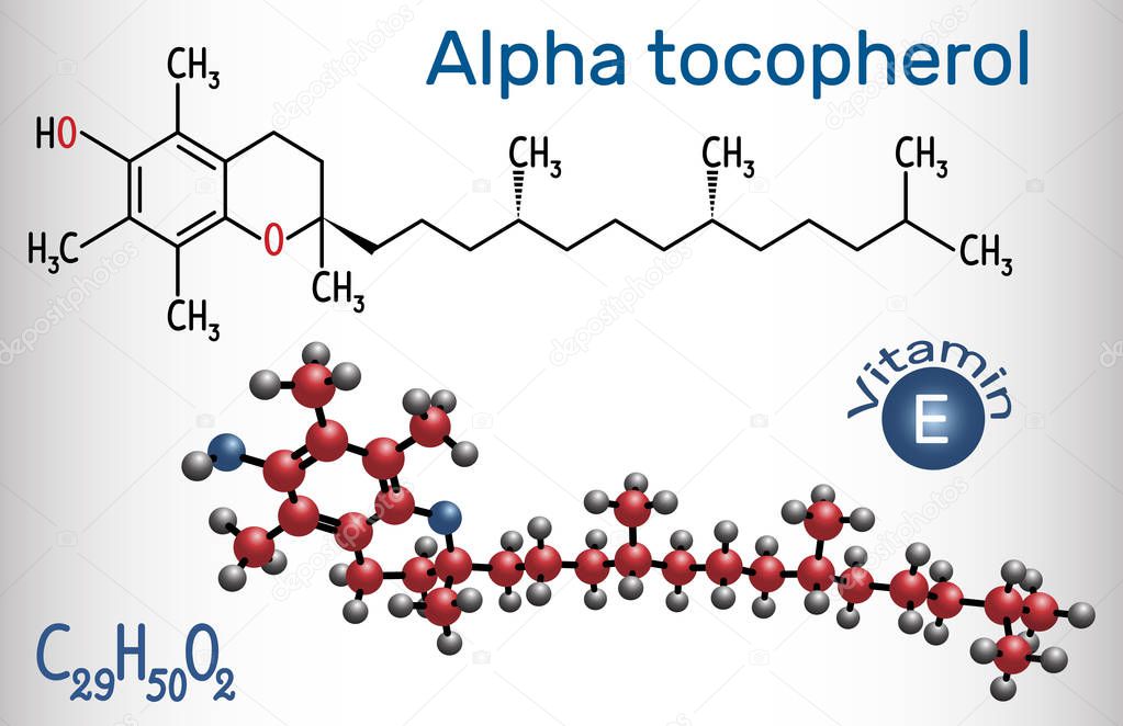 Alpha tocopherol vitamin E molecule. Structural chemical formula and molecule model. 
