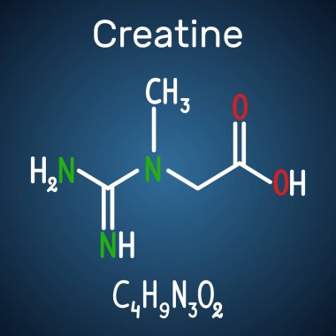 Creatine molecule. Structural chemical formula and molecule model on the dark blue background clipart