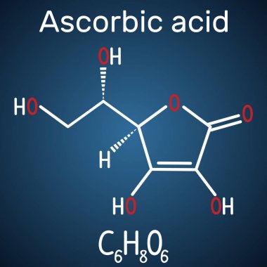 Askorbik asit C vitamini . Koyu mavi arka plan üzerinde yapısal kimyasal formül ve molekül modeli