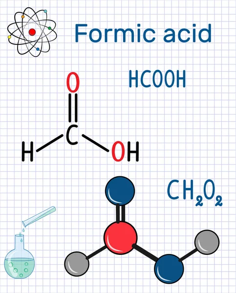 Molécula metanoica de ácido fórmico. Fórmula química estructural y modelo molecular. Hoja de papel en una jaula — Archivo Imágenes Vectoriales