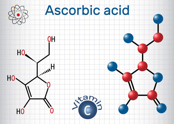 Ascorbic acid vitamin C . Structural chemical formula and molecule model. Sheet of paper in a cage