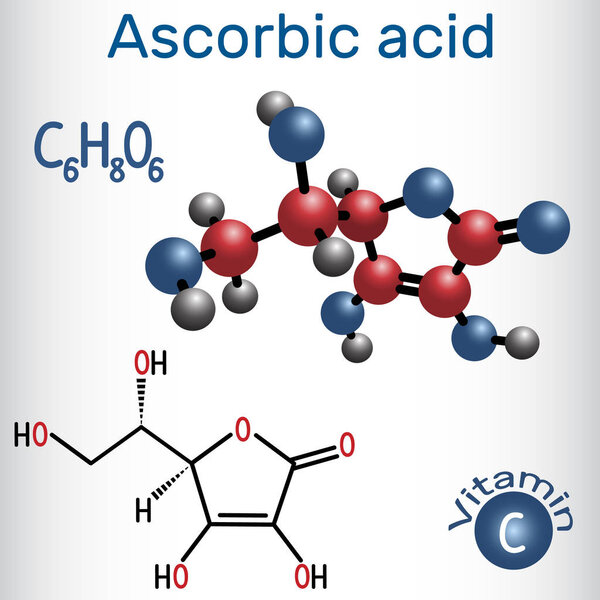 Ascorbic acid vitamin C . Structural chemical formula and molecule model