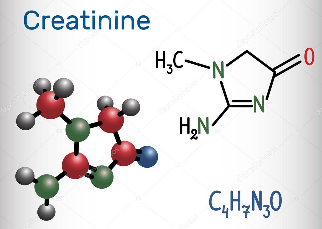 Creatinine molecule. Structural chemical formula and molecule model. 