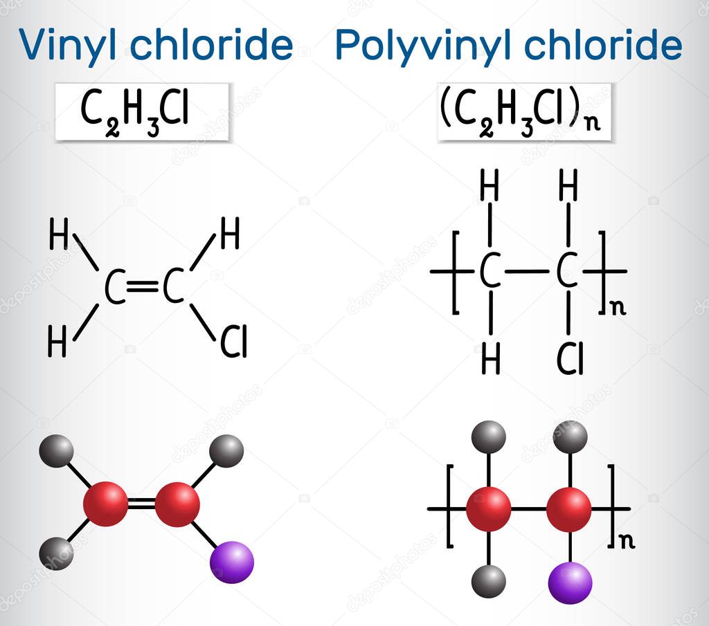 Polyvinyl chloride PVC and vinyl chloride monomer molecule. Structural chemical formula and molecule model