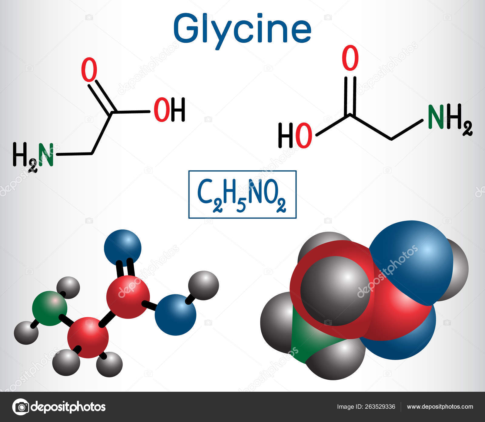 Glycine, Gly or G , is the amino acid. Structural chemical formula and