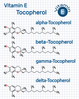 E vitamini - Tokoferol alfa-, beta-, gama-, delta- molekülü. Yapısal kimyasal formül. Kafesteki kağıt levha