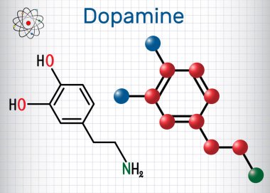 Dopamin Da molekülü. Yapısal kimyasal formül ve molekül modeli. Kafesteki kağıt levha
