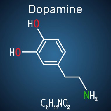 Dopamine DA molecule. Structural chemical formula and molecule model on the dark blue background clipart