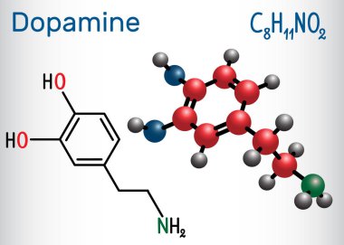 Dopamine DA molecule. Structural chemical formula and molecule model clipart