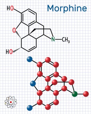 Morfin molekülü. Bu afyon bir ağrı kesicidir. Yapısal kimyasal formül ve molekül modeli. Kafesteki kağıt levha