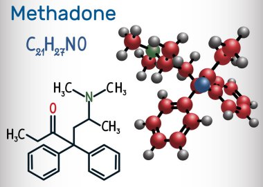 Metadon molekülü. Bu bir opioid, bir analjezik olarak kullanılır, uyuşturucu bağımlılığı tedavisinde. Yapısal kimyasal formül ve molekül modeli.