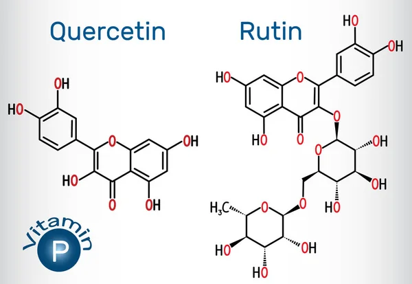 Quercetina, molécula de rutina vitamina P. Fórmula química estructural — Vector de stock