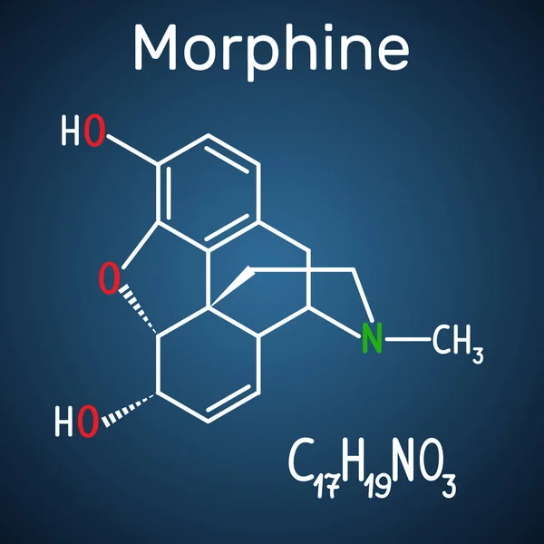 Molécula de morfina. Es un medicamento para el dolor del opiáceo. Fórmula química estructural y modelo de molécula sobre fondo azul oscuro . — Vector de stock
