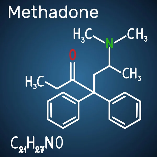 Molécula de metadona. Fórmula química estructural y modelo de molécula sobre fondo azul oscuro . — Vector de stock