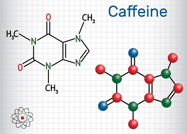 Molécula de cafeína. Fórmula química estructural y modelo molecular. Hoja de papel en una jaula — Vector de stock