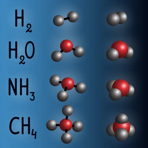 Fórmula química y modelo molecular de hidrógeno, agua, amoníaco, metano sobre fondo azul oscuro — Archivo Imágenes Vectoriales
