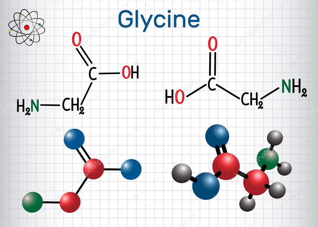 Glycine, Gly or G , is the amino acid. Structural chemical formula and molecule model. Sheet of paper in a cage