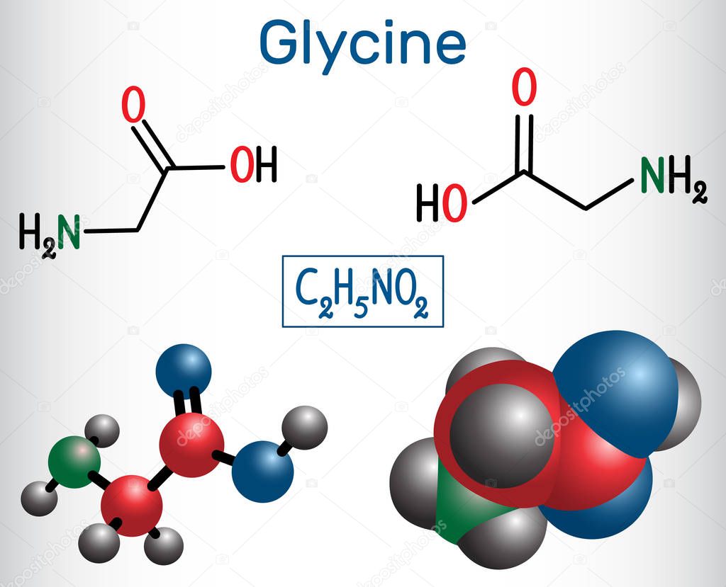 Glycine, Gly or G , is the amino acid. Structural chemical formula and molecule model