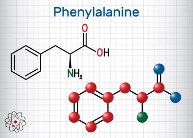 Phenylalanine, L-phenylalanine, Phe , amino acid molecule. Sheet of paper in a cage. Structural chemical formula and molecule model clipart