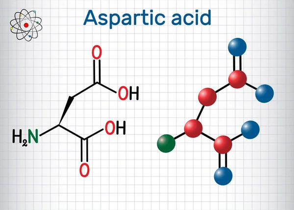Kyselina aspartová, kyselina L-aspartová, ASP, aspartát proteinogenní aminokyselinu. List papíru v kleci. Strukturní chemický vzorec a model molekuly — Stockový vektor