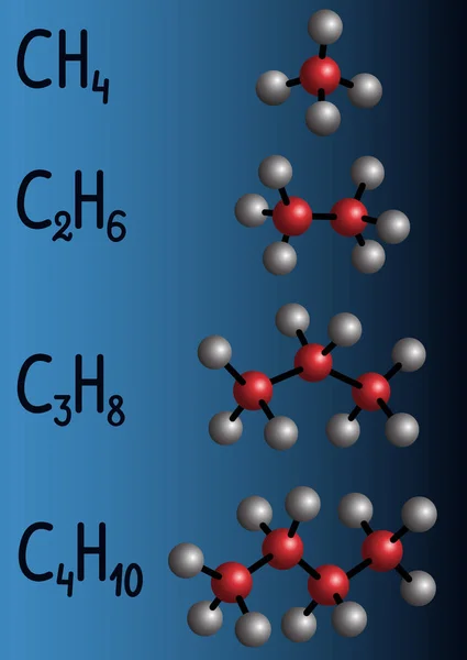 Fórmula química e modelo de molécula metano CH4, etano C2H4, propano C3H8, butano C4H10 sobre fundo azul escuro — Vetor de Stock