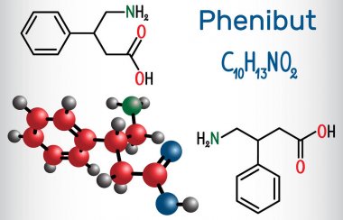 Phenibut anksiyolitik ve sedatif etkileri olan merkezi bir sinir sistemi depresan. Yapısal kimyasal formül ve molekül modeli.
