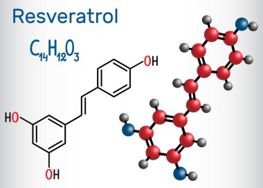 Resveratrol molekülü. Bu doğal fenol, fitoalexin, antioksidandır. Yapısal kimyasal formül ve molekül modu