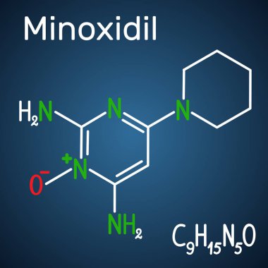 Minoksidil molekülü. Koyu mavi arka plan üzerinde yapısal kimyasal formül ve molekül modeli
